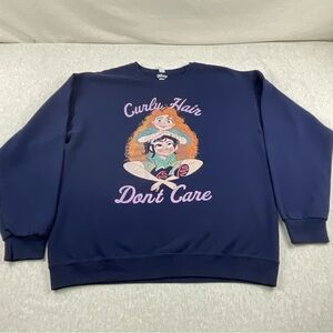 DISNEY CURLY HAIR DON’T CARE WOMEN’S PULLOVER SWEATSHIRT SIZE: LARGE COLOR: NAVY
